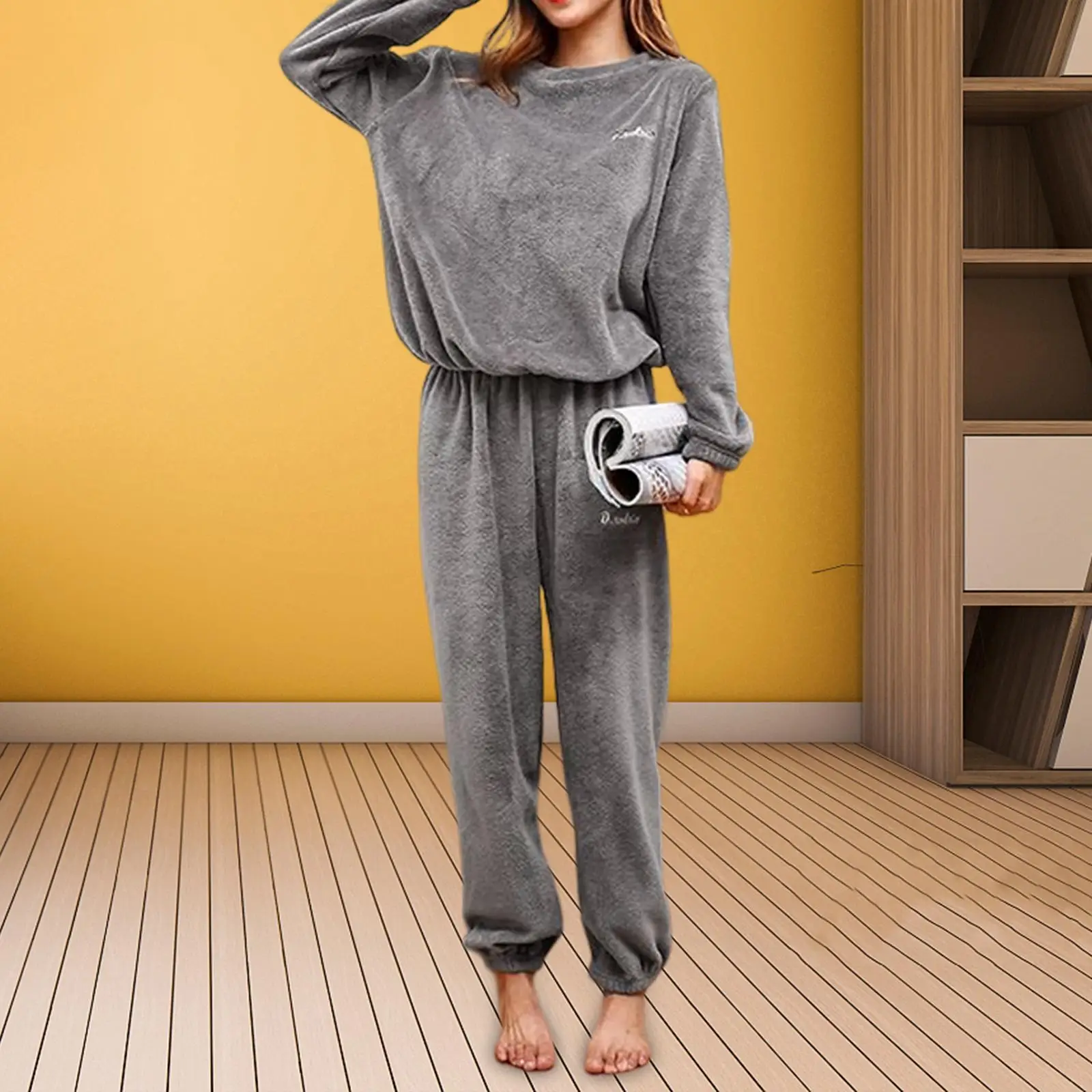 Ladies Pajama Sets Sleepwear Soft Nightdress Warm Round Neck Flannel Fleece Long Sleeve Baggy Lounge Pajama for Home Holiday