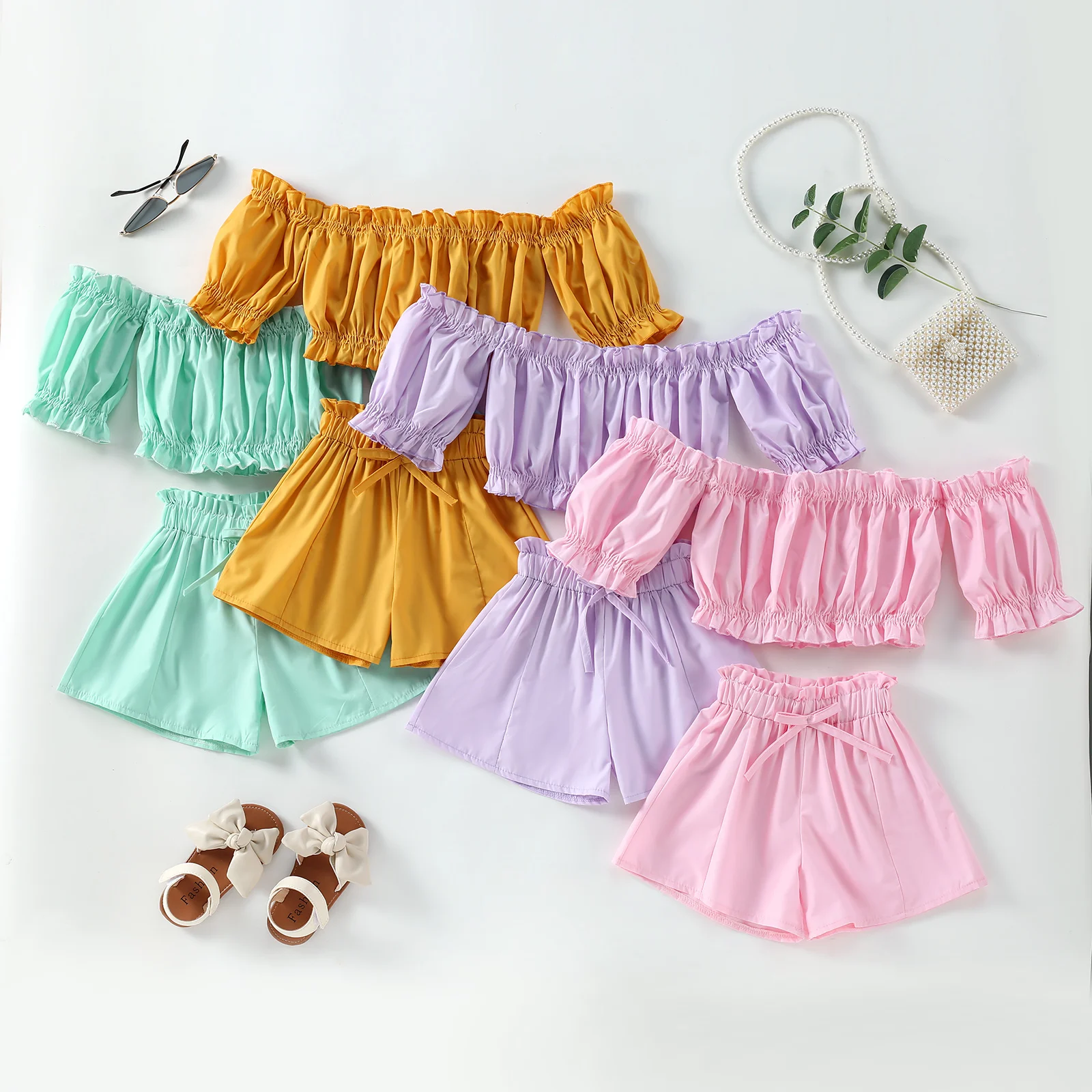 Lovely Little Girl Shorts Set Short Sleeve Off Shoulder Solid Color Crop Tops Elastic High Waist Short Pants, Kids Clothing 3-8T baby outfit sets girl