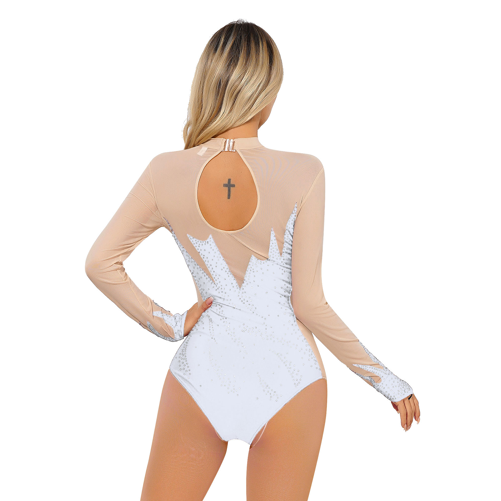 Frauen Eiskunstlauf Body Ballett Tanz Rhythmische Gymnastik Trikot Langarm Strass Sheer Mesh Leistung Dancewear – Detail 25