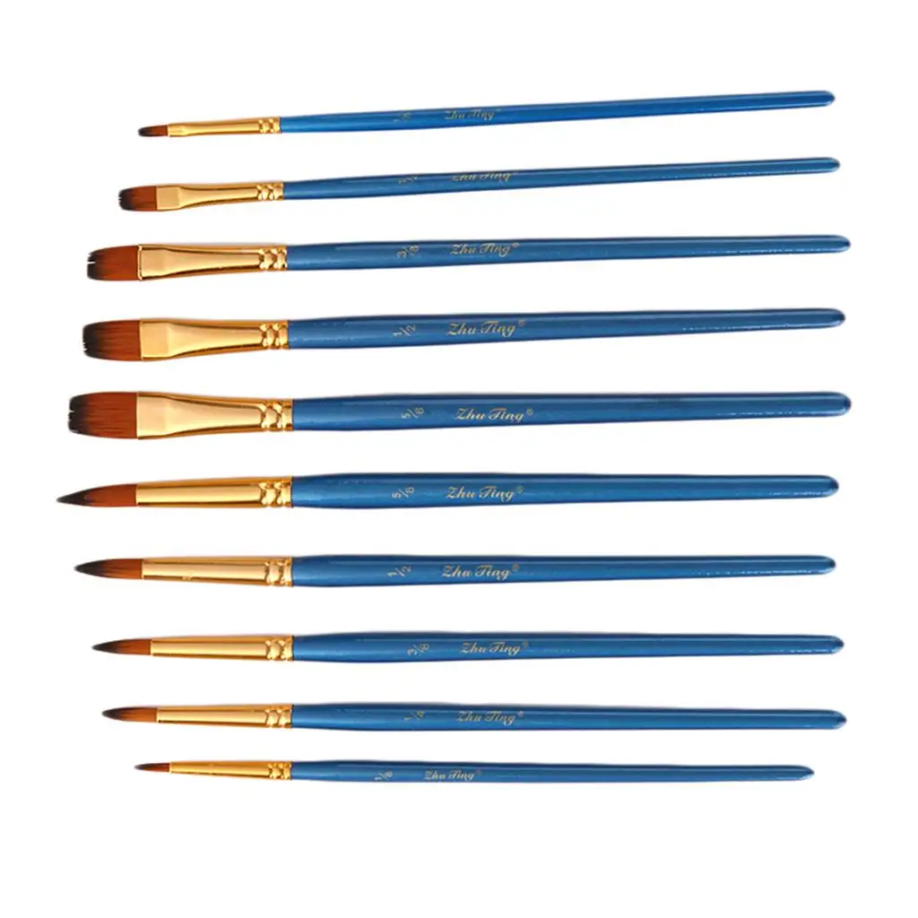 10 Pieces Wooden Handle Nylon  Brushes for All Purpose Oil  Acrylic Painting Artist Professional Kits