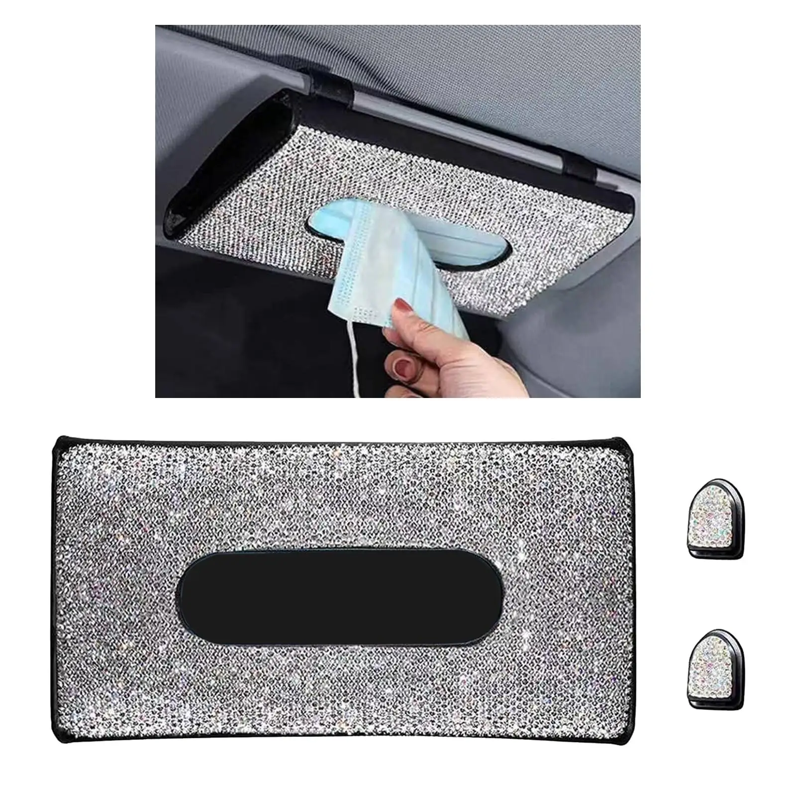 Car Tissue Holder PU Leather Sun Visor Napkin Box 24x14cm Backrest Crystals Shining Clips Hook