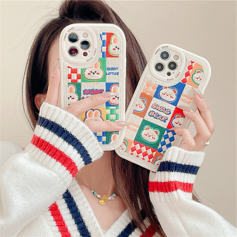 best case for iphone 13 pro max Embroidered Bear and Rabbit iPhone Case For iPhone 13 12 11 Pro Max Mini X XS XR 7 8 Plus SE Korean Version Cute Phone Soft Case case iphone 13 pro max