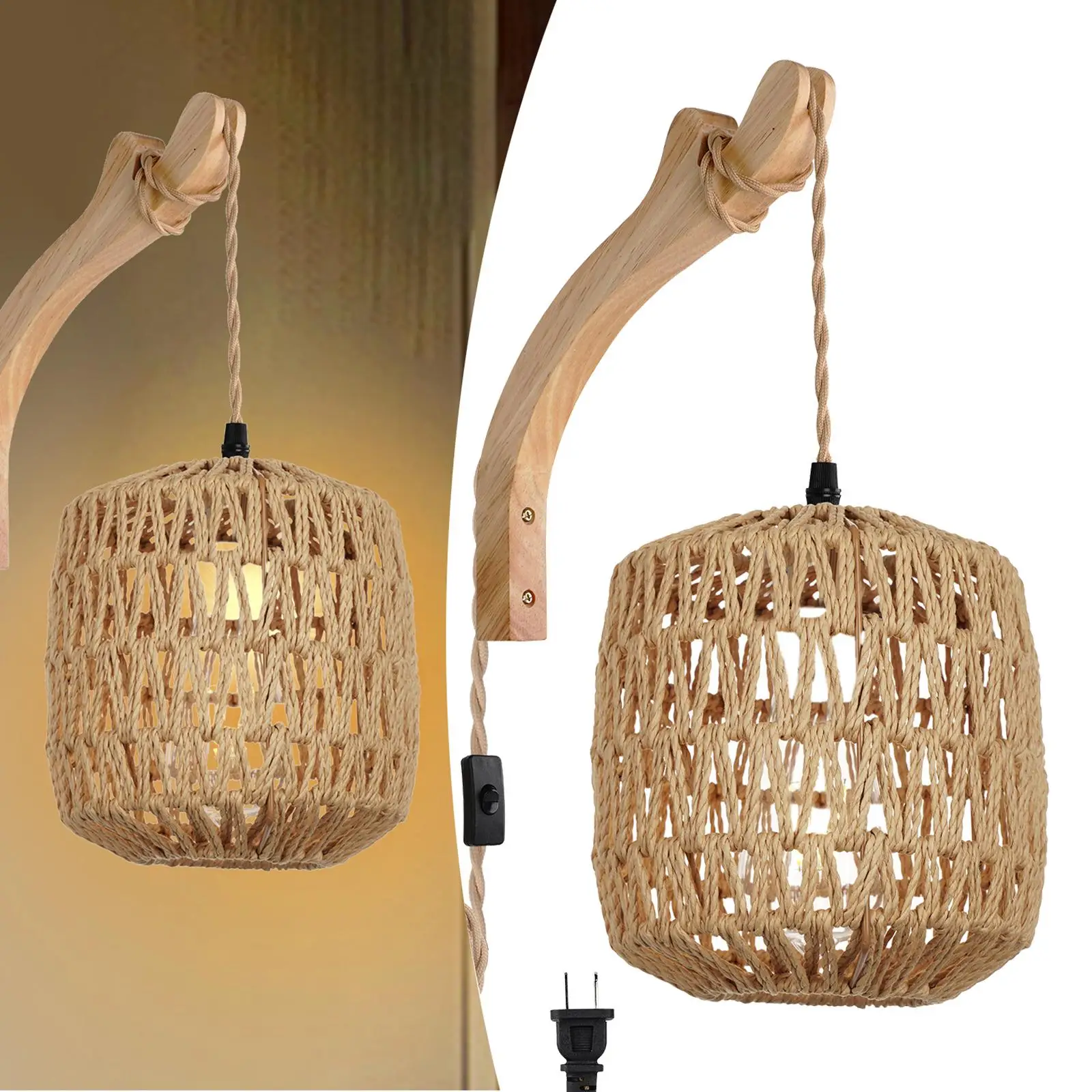 Wall Lamp Farmhouse Wall Light with Wood Arm Handwoven Lamp Shade Wall Sconce for Living Room Home Office Kitchen Island Hallway