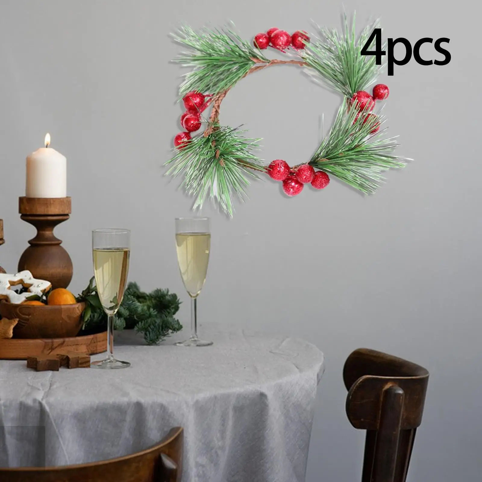 4x Candle Wreaths 3 Inches with Artificial Red Berries Decorative Small Wreath Candle Rings for Holiday Party Home Decor Accents