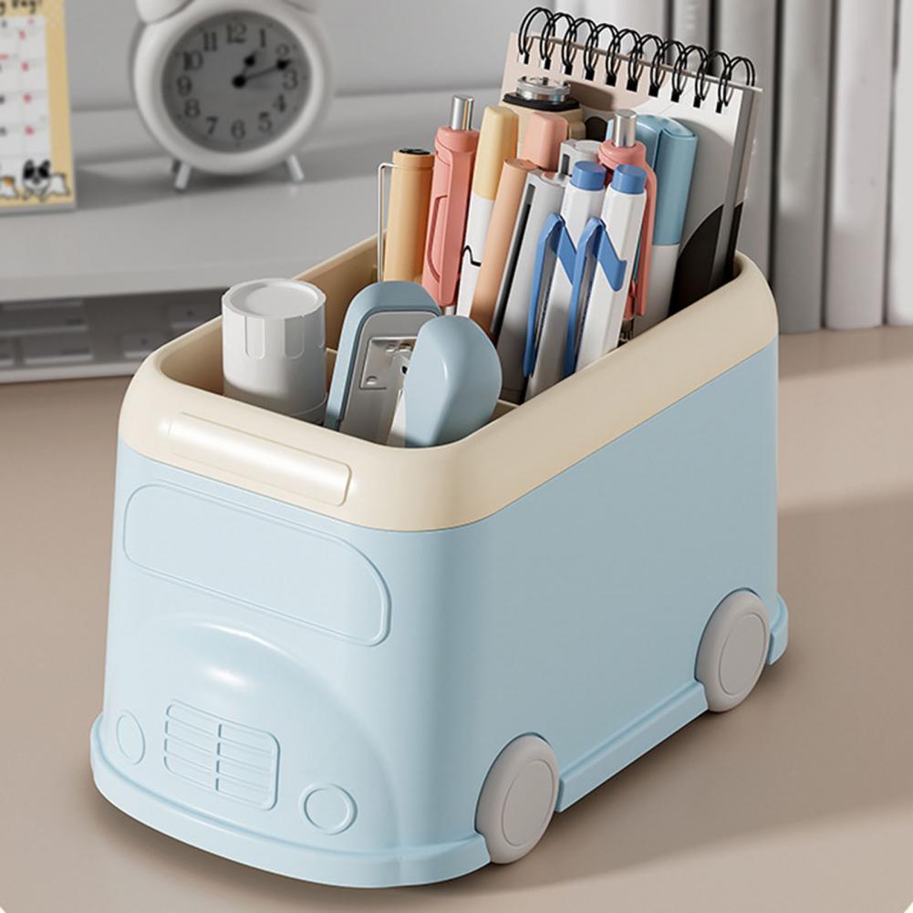 Desktop Pen Holder 3 Compartments Cute Bus Shape Multifunctional Stationery Pencil Organizer Container Storage Box