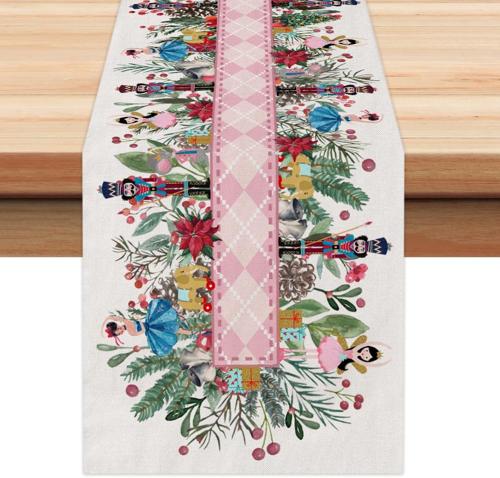 Description Picture 2 of itemChristmas Nutcracker Flower Tree Linen Table Runners Dresser Scarf Table Decor Xmas Dining Table Runners Christmas Decorations