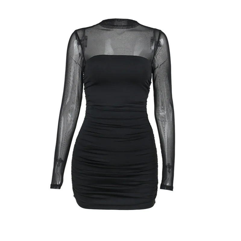 S6938cf7b24b04073a3f3f3db0038fb60u See Through Black Bodycon Dress For Women Clothing Slim Sexy Streetwear Long Sleeve Vestidos De Mujer Patchwork Fashion Outfits