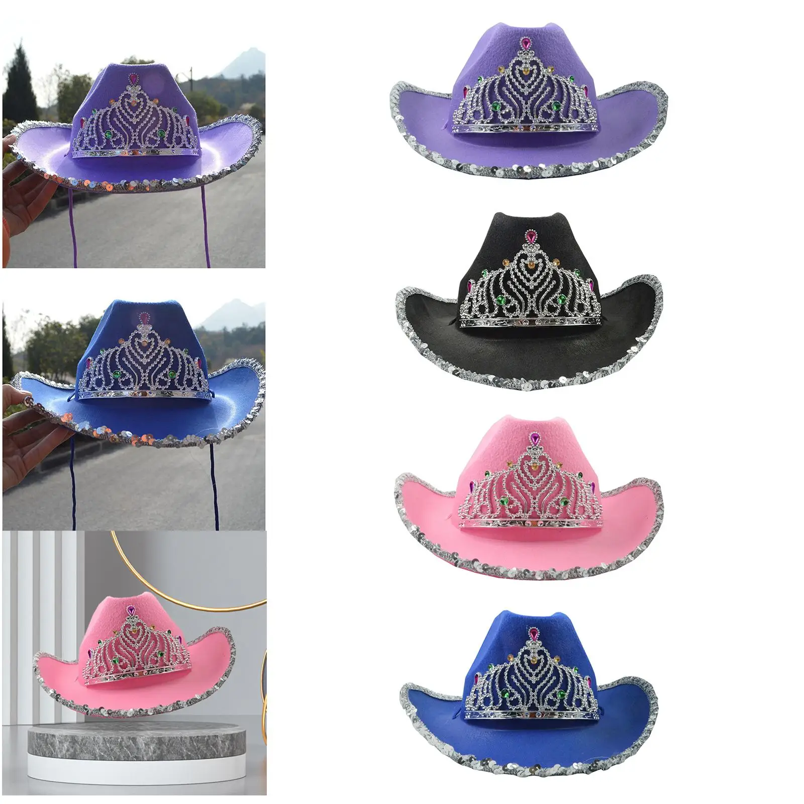 Western Accessories Cowgirl Costume Cowboy Hat Big Crown Felt Sequin Beaded Party Hats for Women