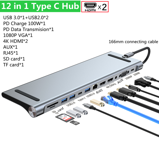 8/11/12-in-1 Type C Dock USB C Hub 3.0 Splitter Multiport Adapter 4K HDMI  RJ45 SD/TF VGA HDMI PD for Laptop MacBook iPad xiaomi - AliExpress