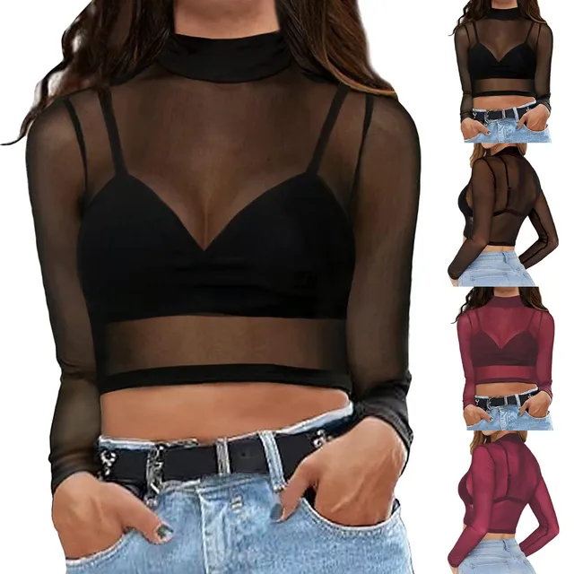 Mesh Crop Tops for Women, Black Mock Neck Long Sleeve Crop Top Cover Up,  Sexy See Through Shirt Top Slim Fit Mesh Top for Swim Beach Clubwear Yoga  Sports : : Fashion