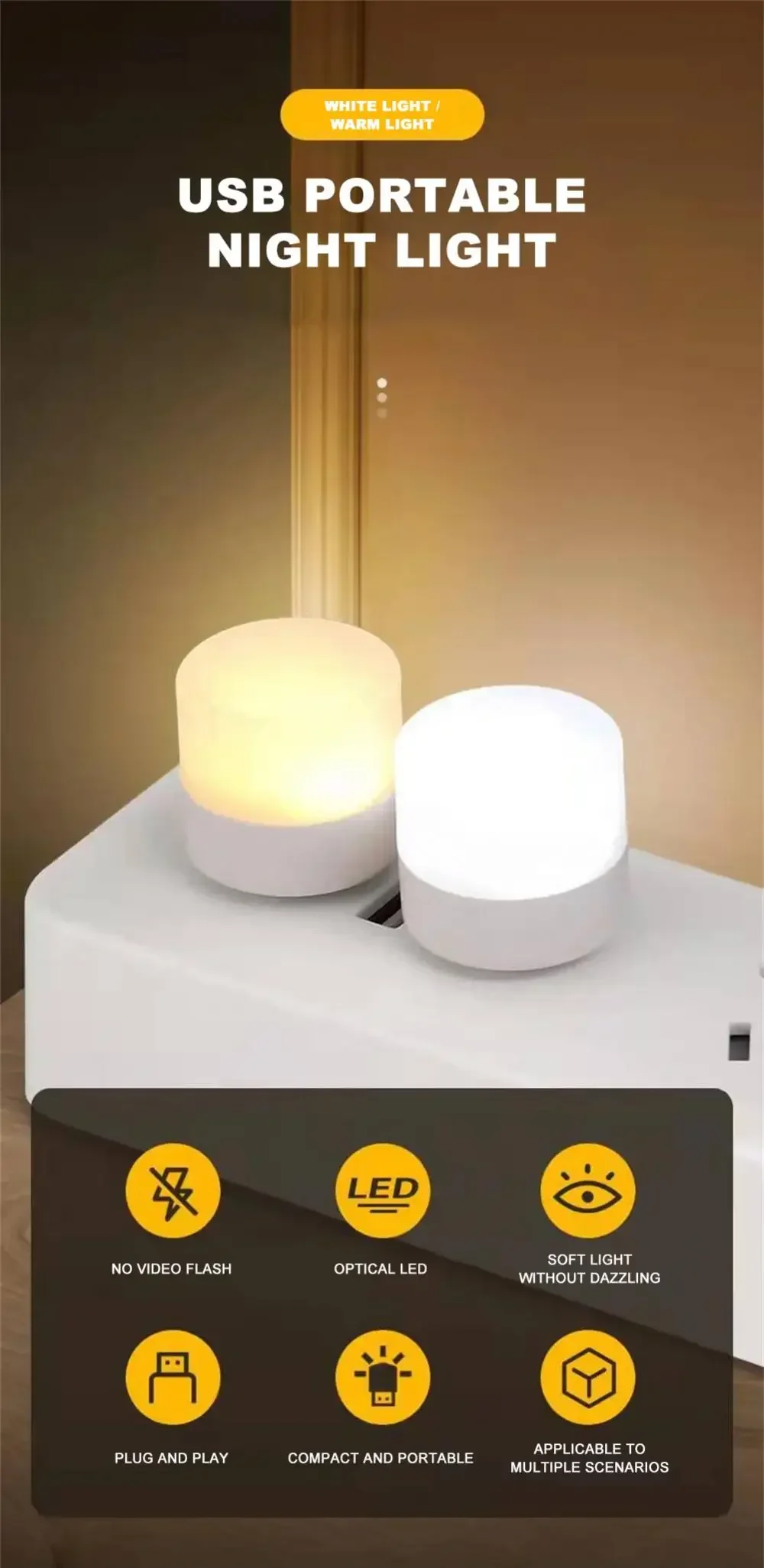 1-20Pcs Mini USB Night Light Warm White Eye Protection Book Reading Light USB Plug Computer Mobile Power Charging LED Night Lamp