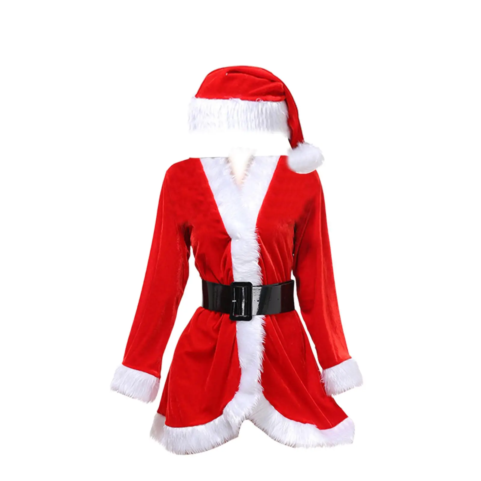 Women Santa Claus Costume Set Fancy Dress with Belt, One Size Suit and Santa Cap 3Pcs Red for Ladies Teen Girls Xmas Party
