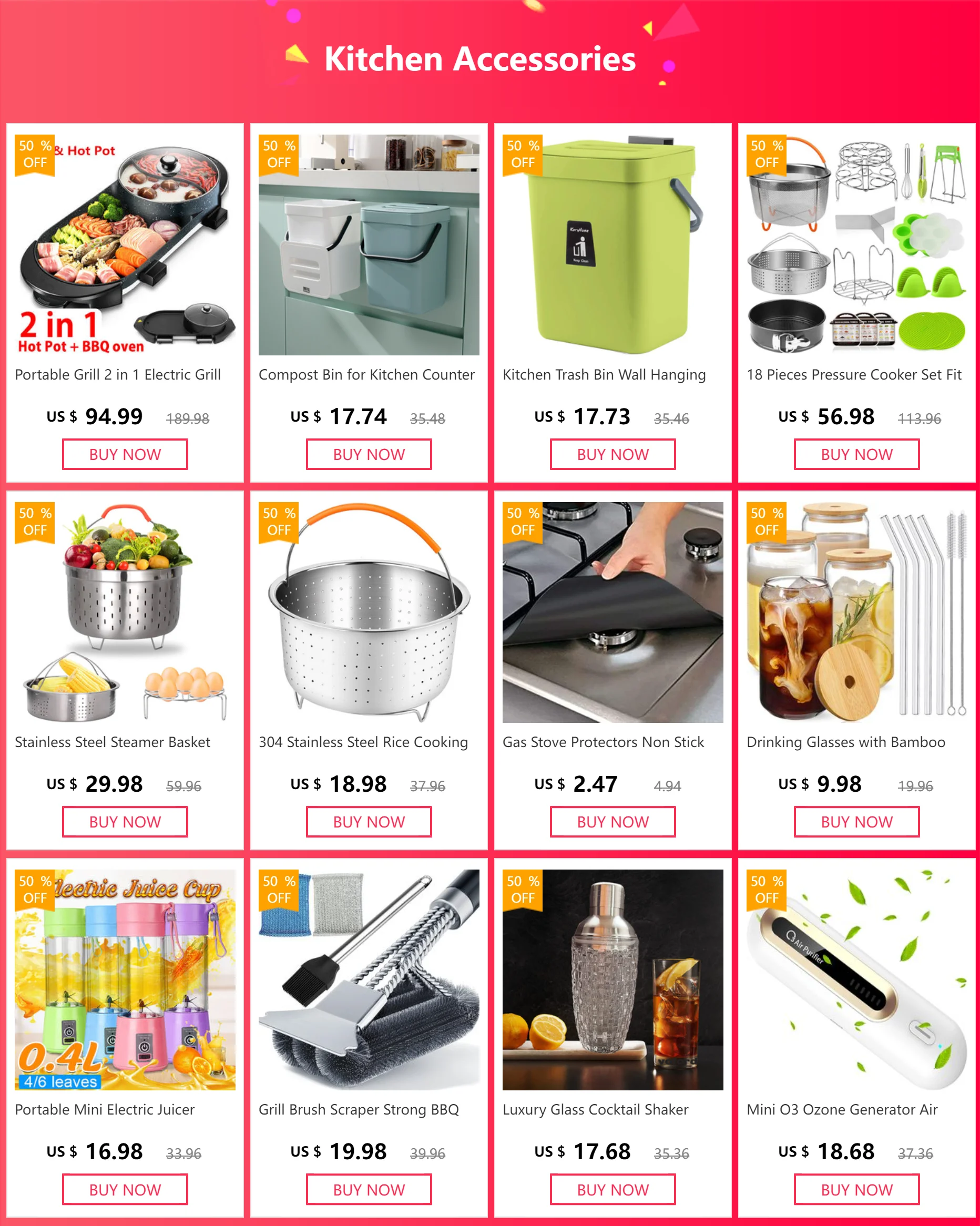 Una colección de accesorios de cocina con precios rebajados.