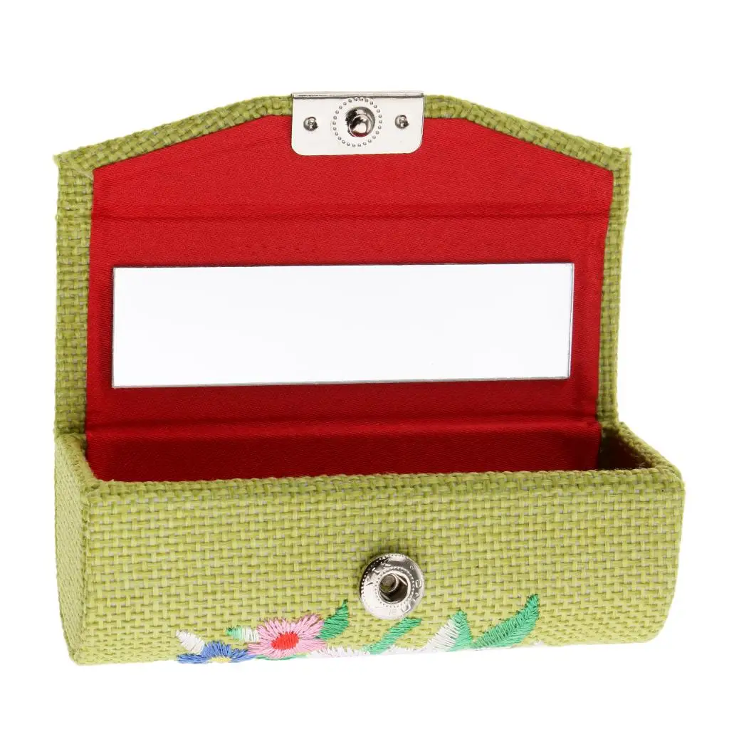 Retro Flower Falx Embroidered Lip Gloss Lipstick Case Holder Box With Mirror