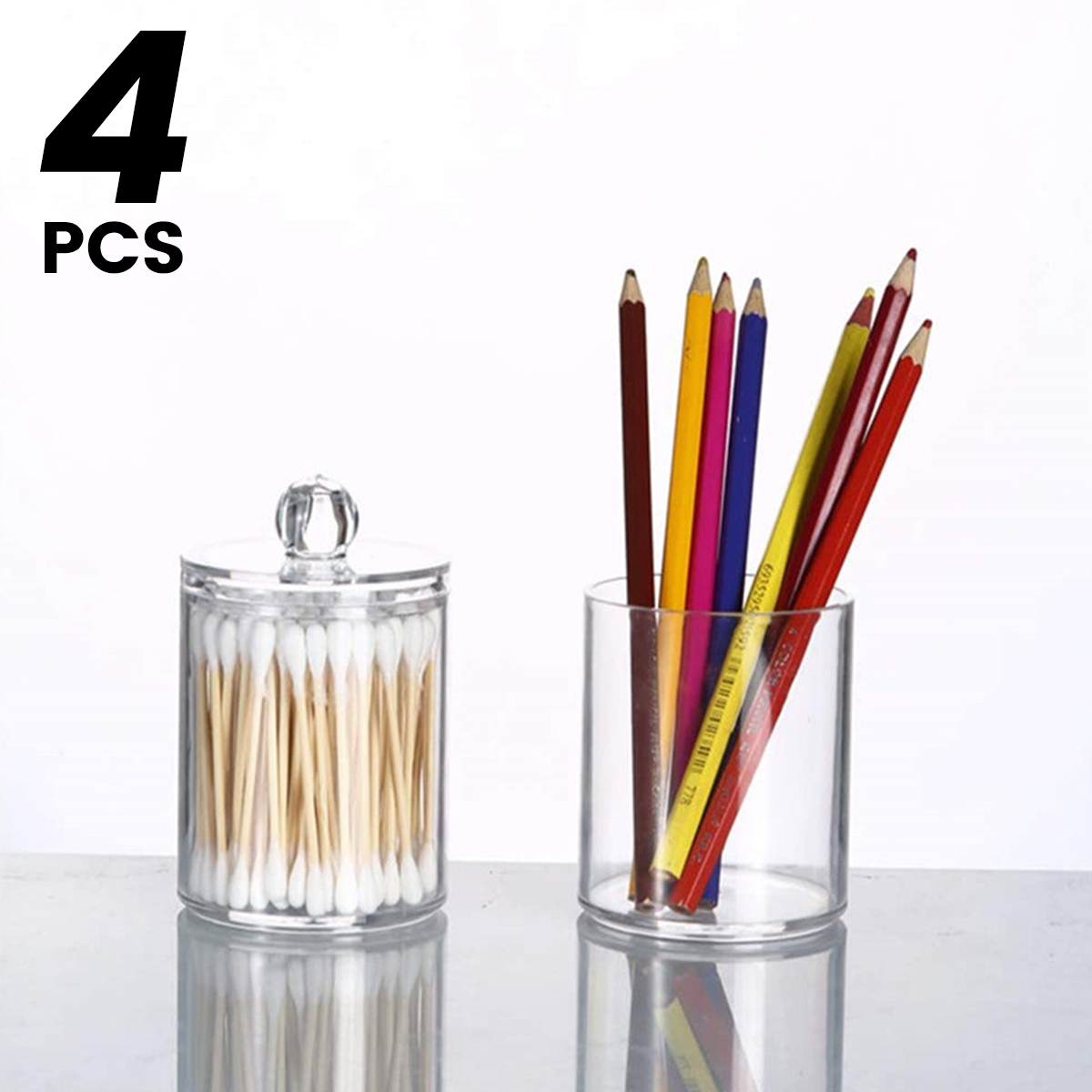 Description Picture 3 of item4Pcs Qtip Holder Dispenser with Lids Clear Acrylic Bathroom Jars Swab Storage Multifunction Acrylic Cosmetic Makeup Organizer
