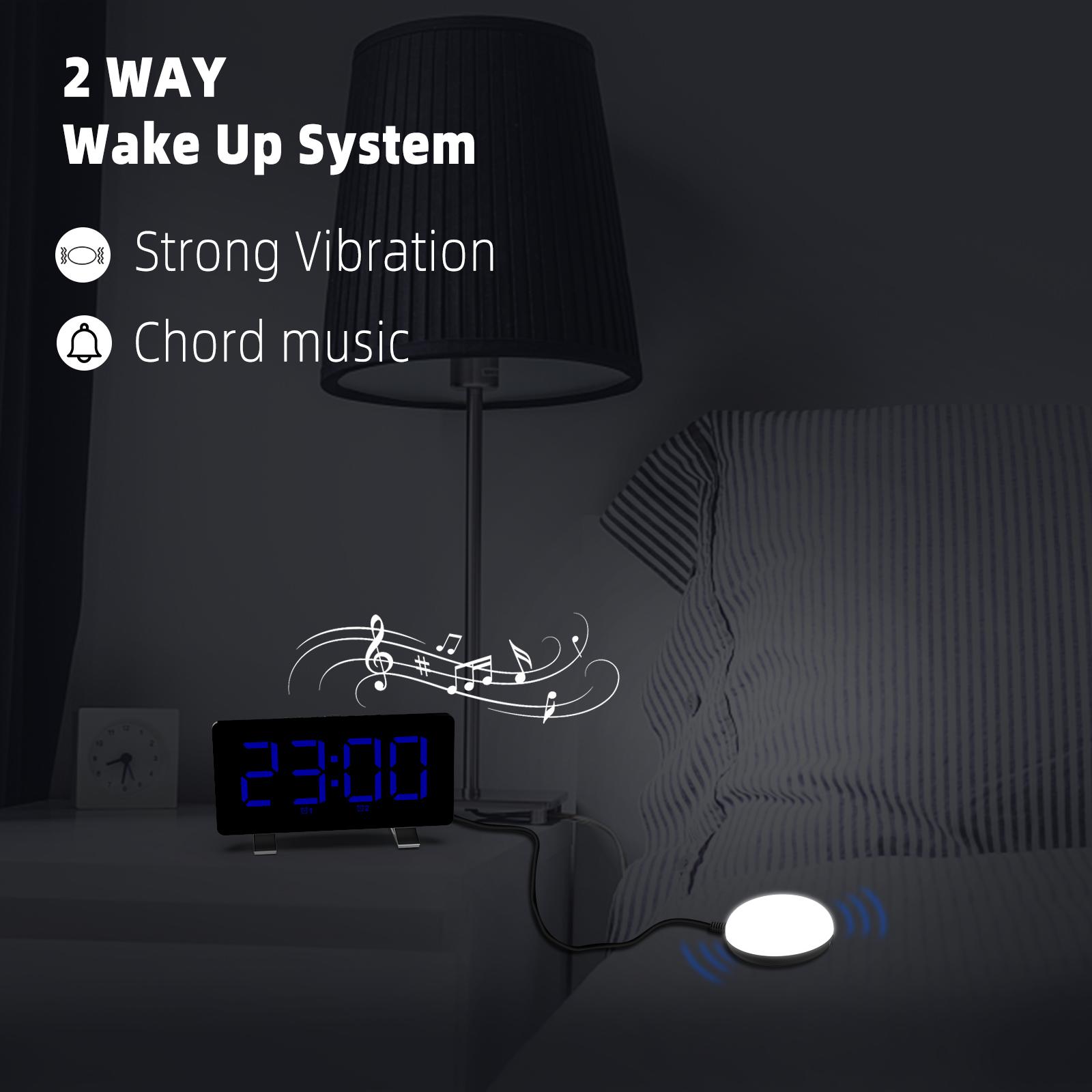 Clock LED Desk Mirror Alarm Clocks Snooze USB Charger Ports Vibrator Clock Night Light with Bed Shaker for Deaf Adults Kids