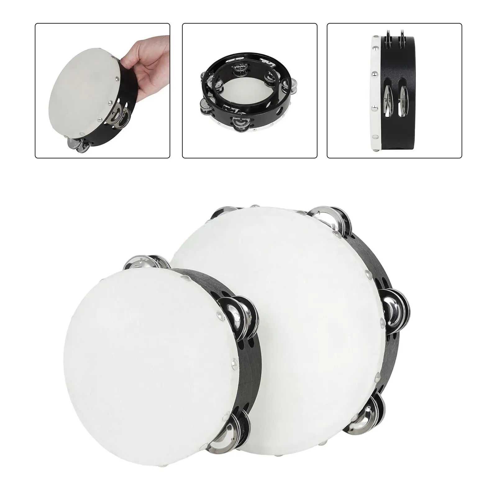2 Pieces (8 Inch and 6in) Wood Handheld Tambourine Drum, Double Row Metal Wooden Tambourines Musical Percussion Instrument