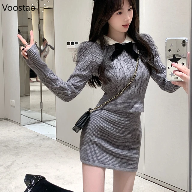 Sweet Knitted Mini Skirt Set Women Korean Fashion Sailor Collar