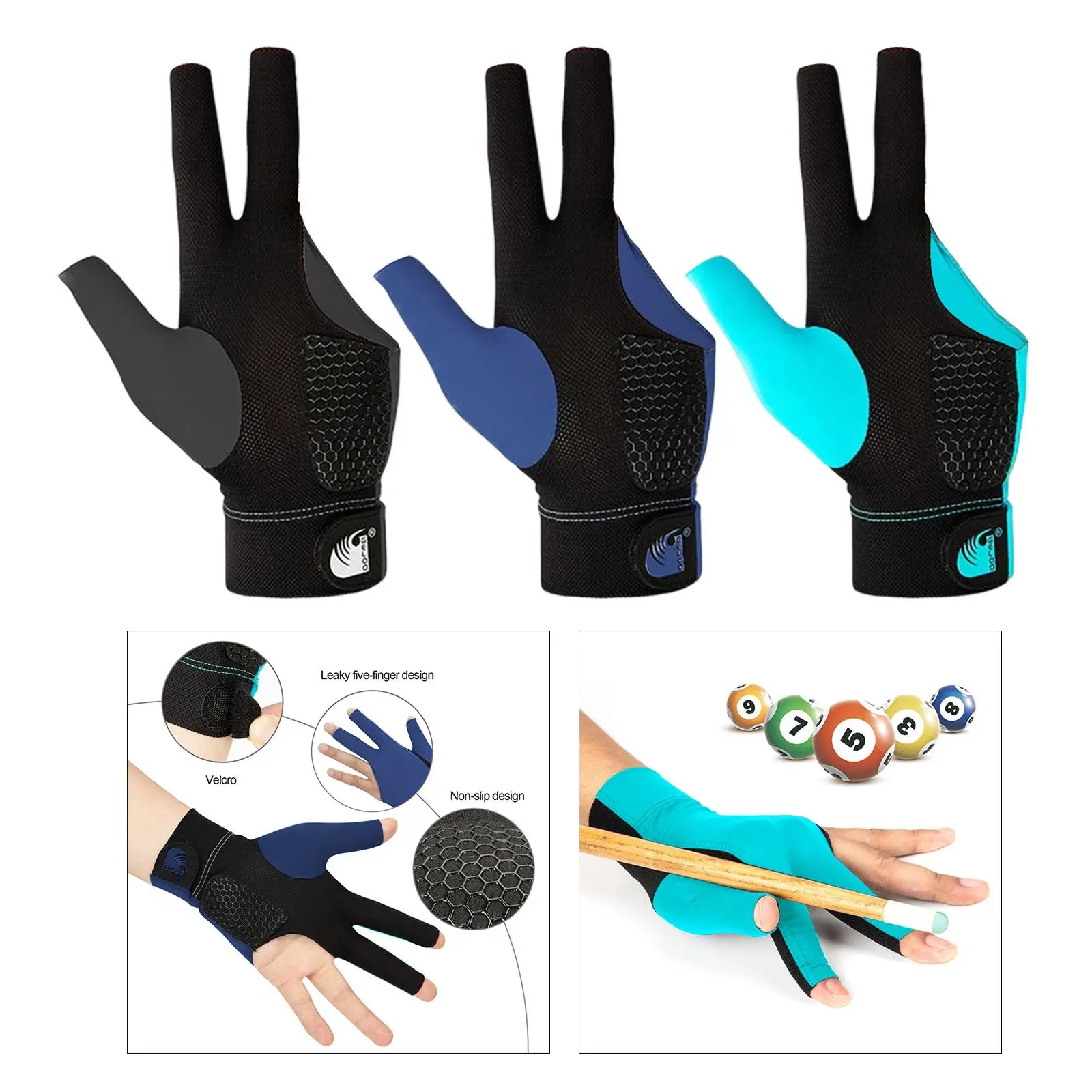 Non Slip Billiards 3 Finger Gloves Adjustable Wrist Strap Left Hand Elastic for Women Men Snooker Cue Pool Glove Show Glove
