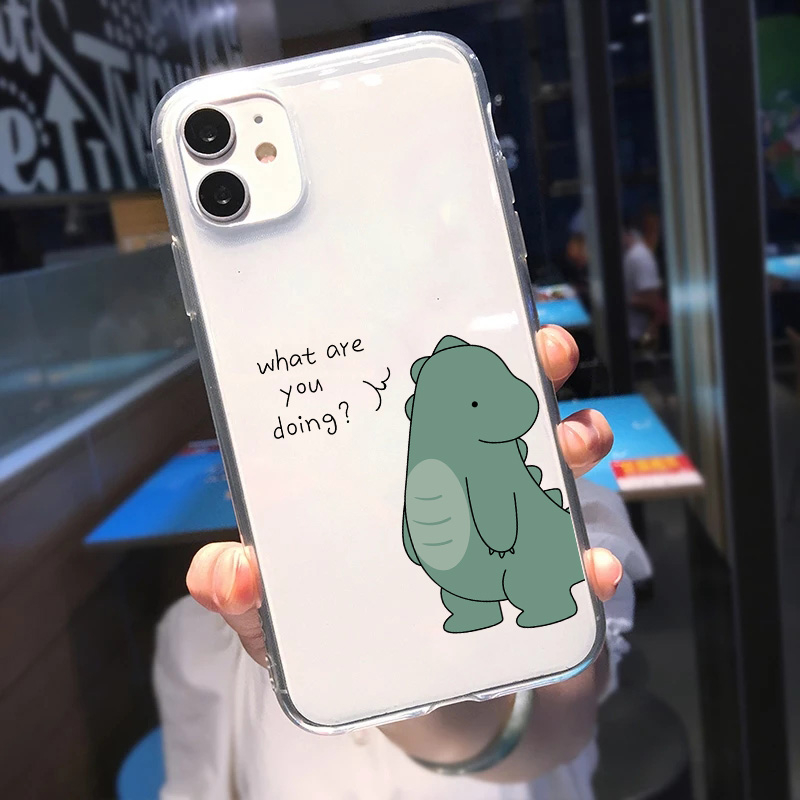 Cute Green Pink Dinosaur Couple Clear Phone Case For iPhone 13 12 11 Pro MAX XS XR X SE20 7 8 6Plus Soft Silicone Cover Fundas case iphone 13 pro max