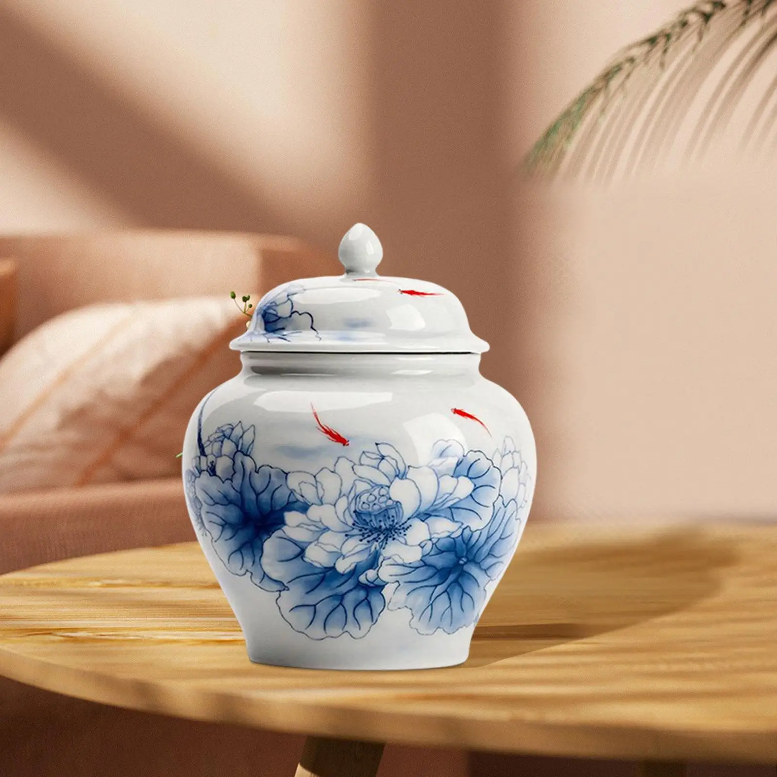 Blue and White Porcelain Ginger Jar with Lid Bud Vase Temple Jar Food Storage Container Tea Caddy Traditional Home Decoration