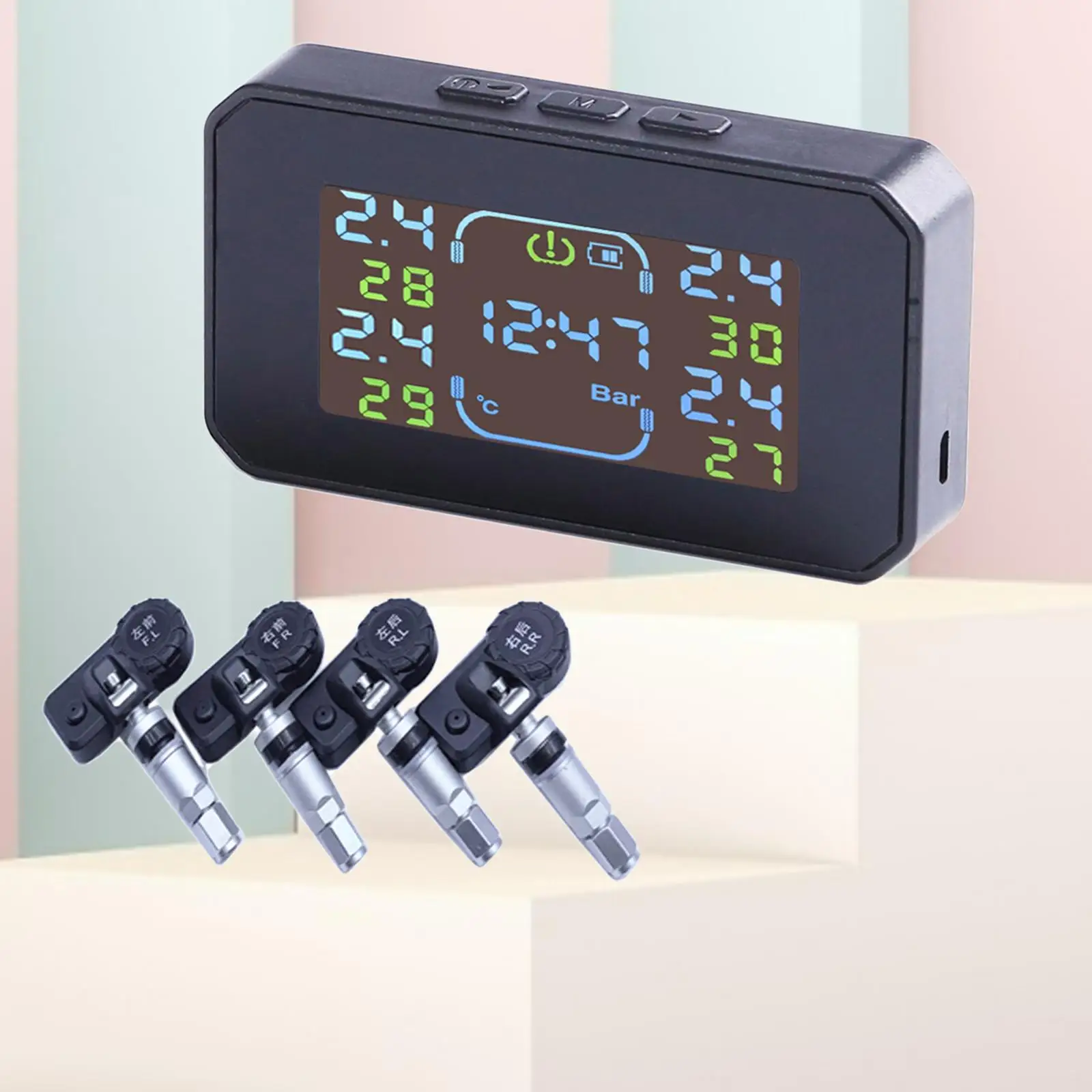 Solar and USB Charge Tire Pressure  System w/ 4 External Sensor Monitor Temperature Alerts Time  Alarm Modes