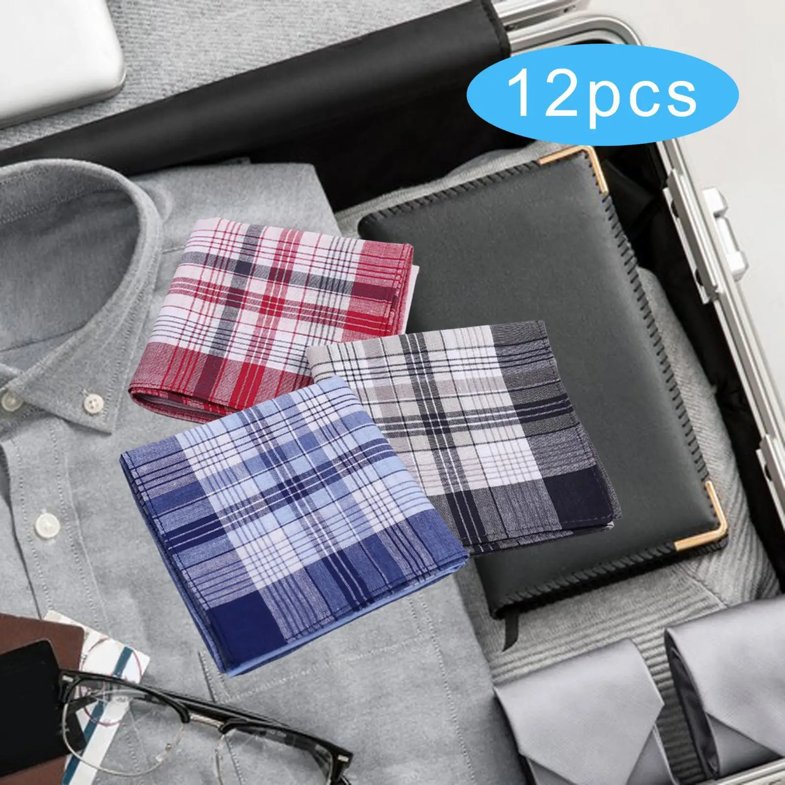 12x Cotton Men`s Handkerchiefs Assorted Gifts 40cm Hanky Pocket Square Hankies for Prom Celebration Grandfathers Casual Formal