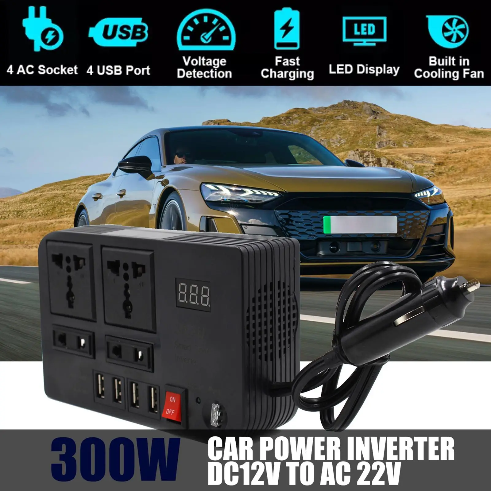 300W Car Inverter Inversor DC 12V to AC 220V Car Cigarette Lighter Power Adapter Converter Splitter 4USB Charger Fast Charging
