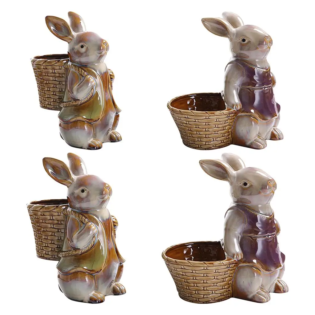 Bunnies Garden Rabbit Figurines Easter Bunny with the Basket Statue Micro Landscape Decoration Plant Flower Pots Ornaments