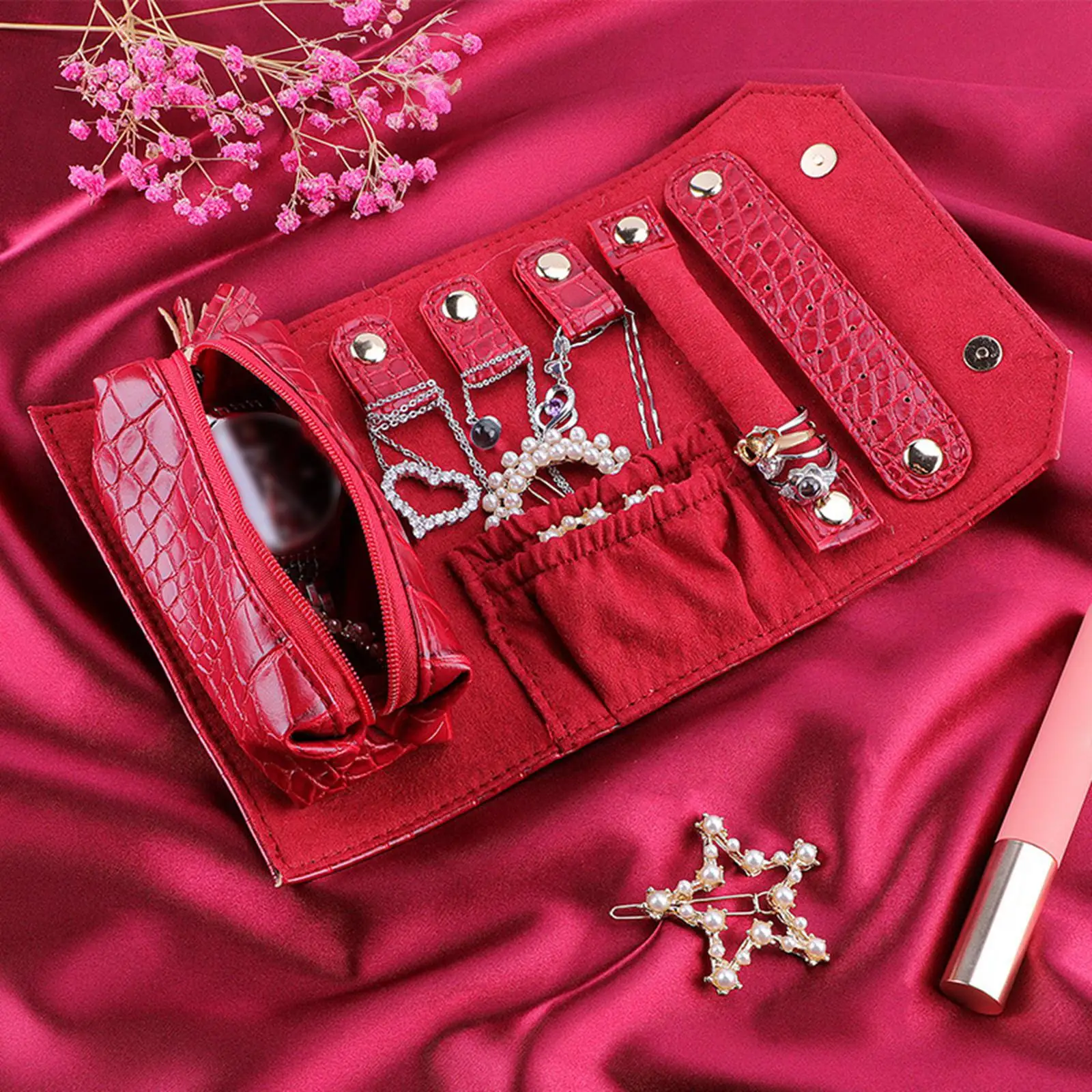Portable Jewelry Roll Package Storage Organizer Storing Watches, Bracelets, Lipsticks Earrings, Ear Studs Accessory