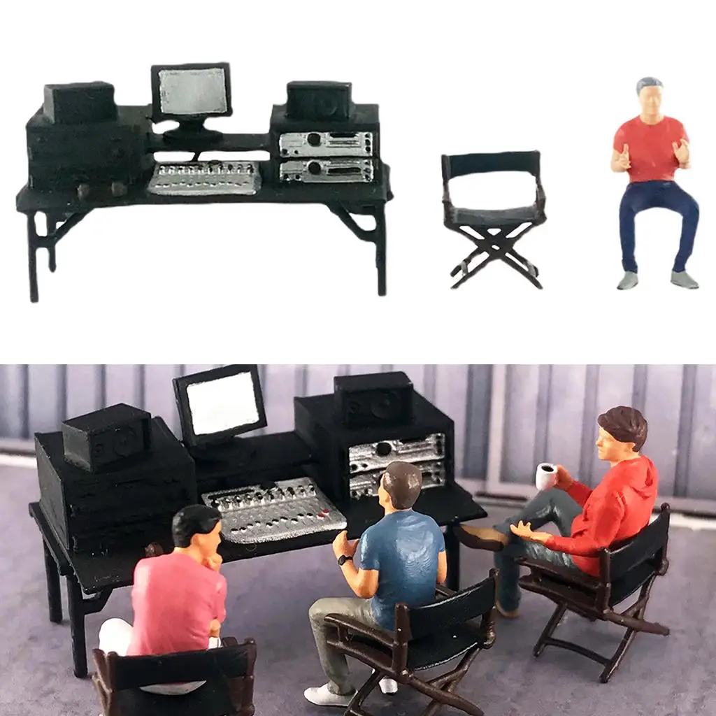 3 Pieces 1/64 Painted Figure Director Studio Resin W/ Table Chair Director 1:64 1/64 Ornament Dolls Mini Scene for Desktop Teens