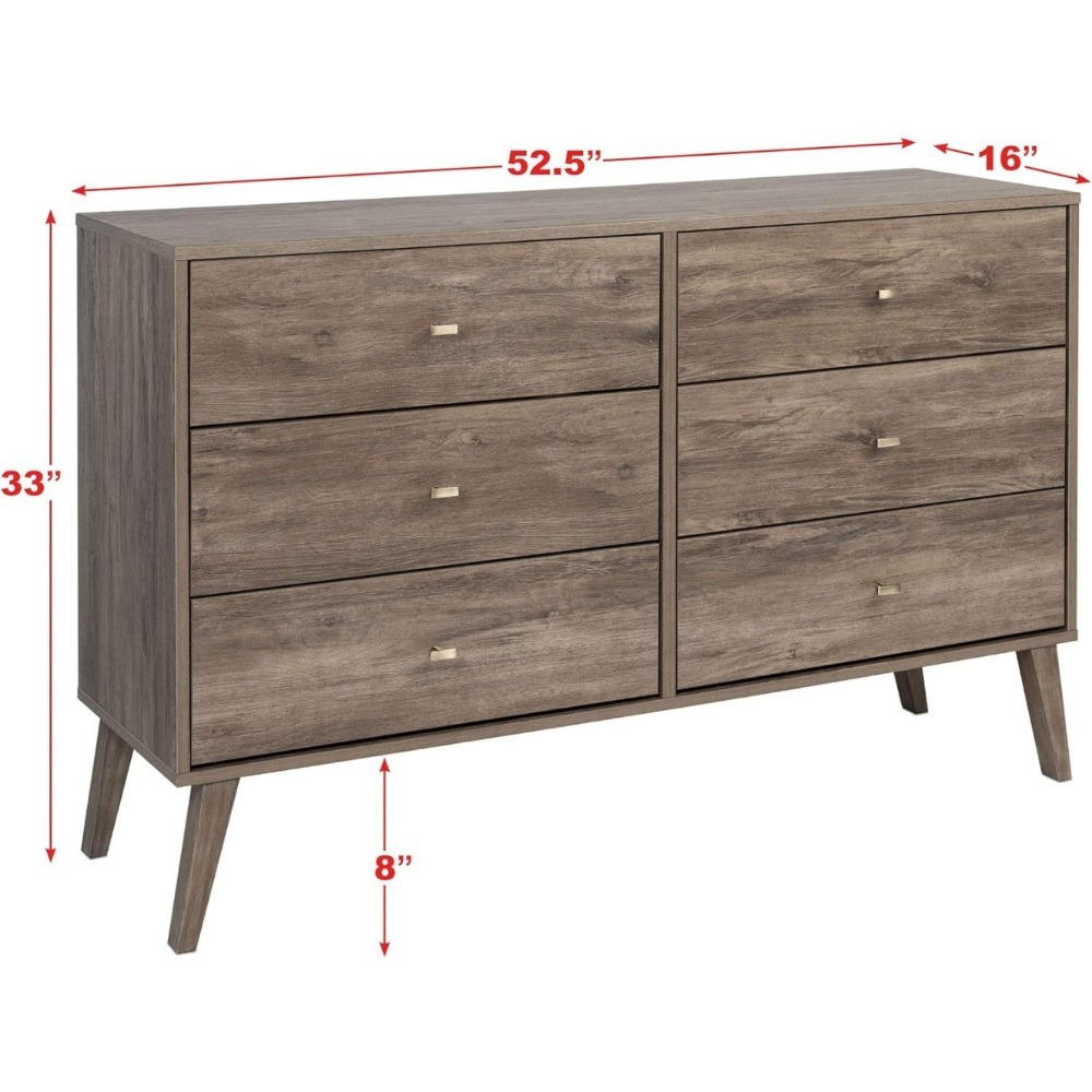 Description Picture 5 of itemMid-Century 6 Drawer Dresser For Bedroom Makeup Dressing Table 16 D X 52.25 W X 33 H Make Up Table Drifted Gray
