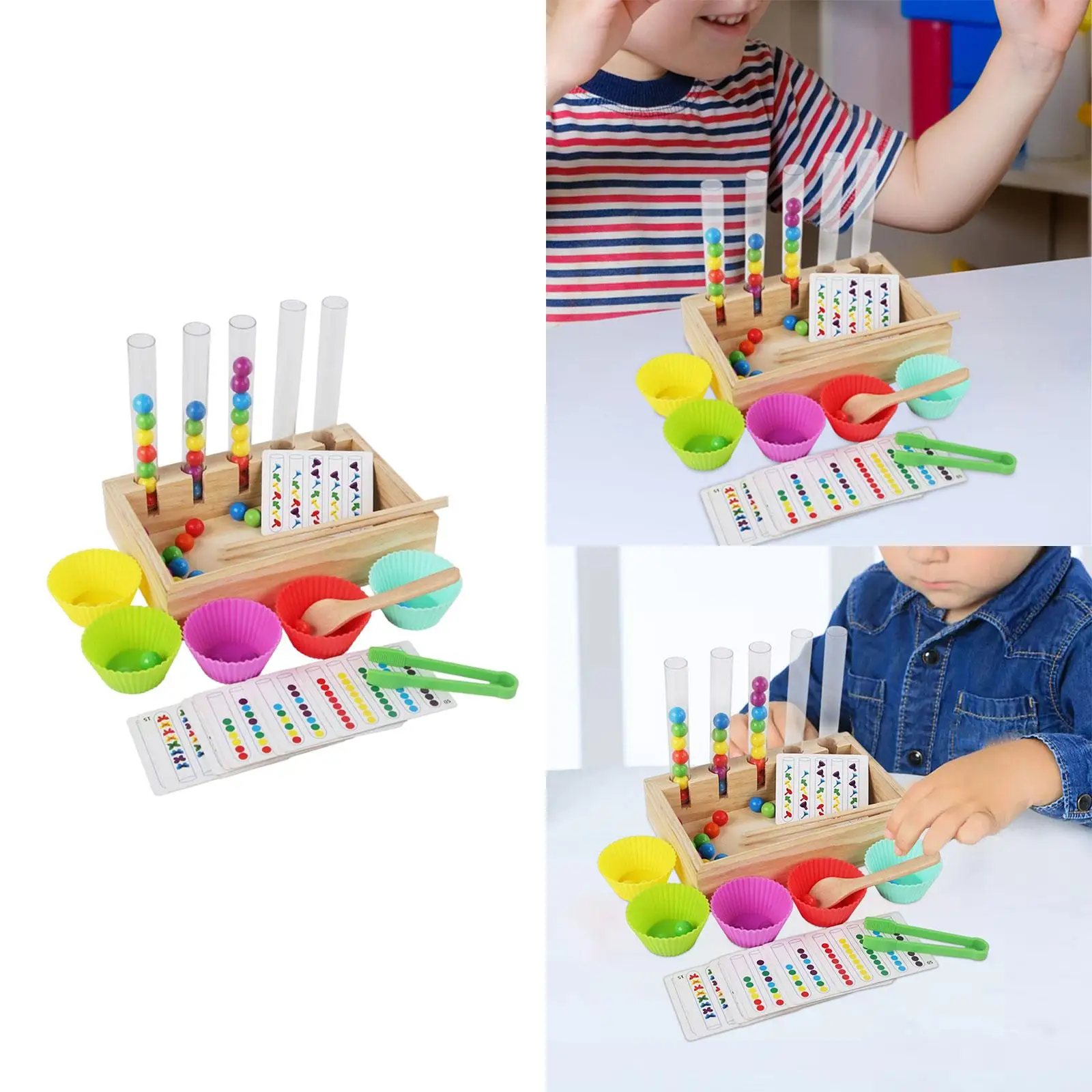 Rainbow Clip Bead Puzzle and Bowl Spoon Preschool Learning Toy Wooden Peg Board Game for Girls and Boys Toddler Kids Children