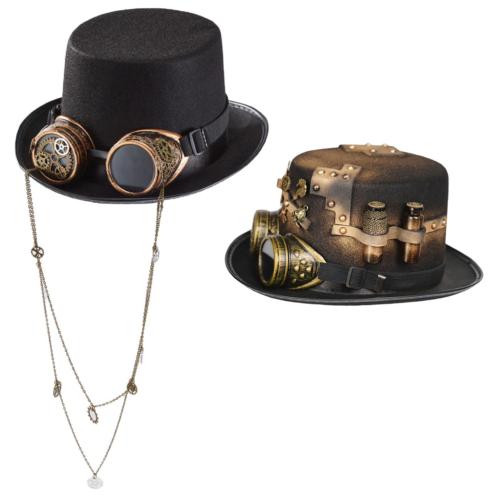 2 Count Gothic Steampunk Top Hat with Goggles, Premium Material Accessories Strap Adjustable DIY Yourself Renaissance Costume