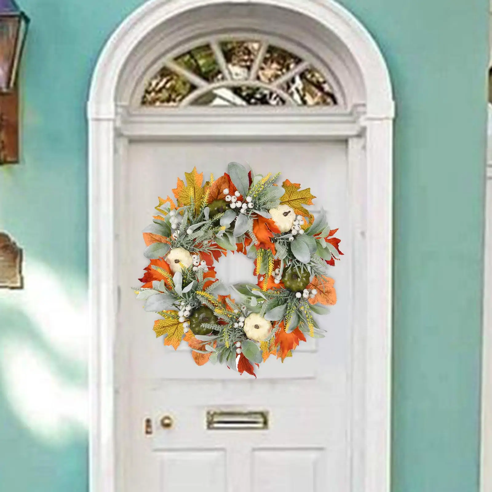 Harvest Wreath with Pumpkin Leaves 17.72`` Farmhouse Garland Halloween Wreath for Porch Home Thanksgiving Celebration Decoration