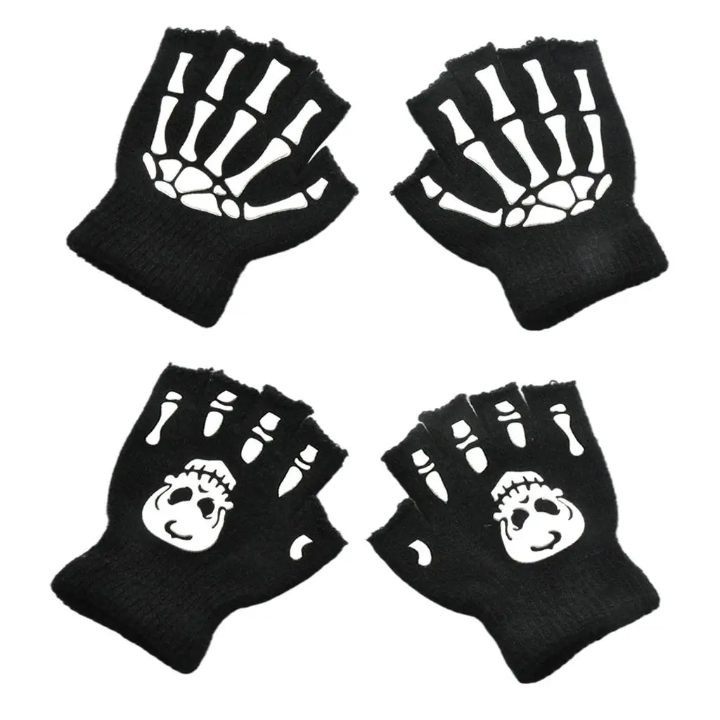 Halloween Skeleton Half Finger Gloves Ghost Glow in The Dark Unisex Mittens for Party Props Cosplay Holiday Kids