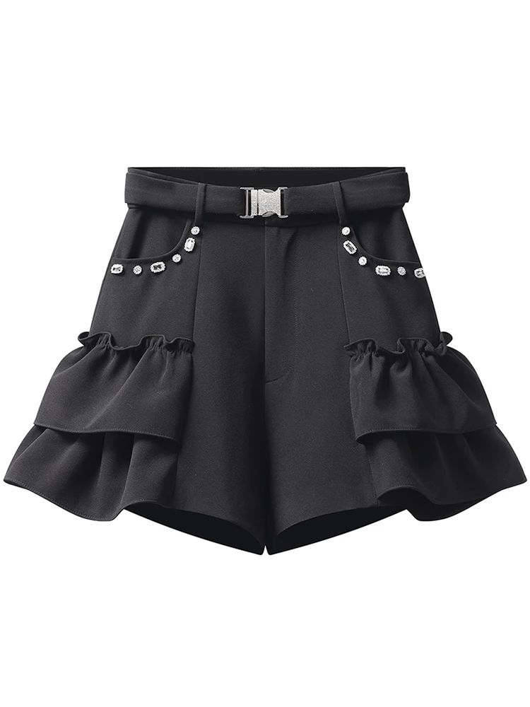 Black Color Diamonds  Women Mini  Shorts Pants High Waist Clip 2 Pockets  Ruffles Hip Hop  Lady Clothing maternity shorts