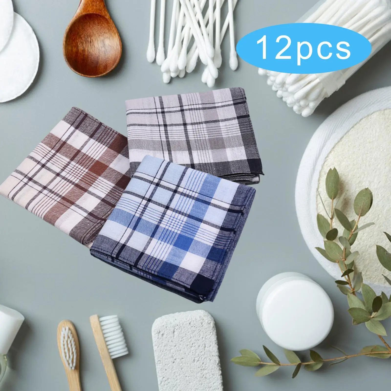 12x Cotton Men`s Handkerchiefs Assorted Gifts 40cm Hanky Pocket Square Hankies for Prom Celebration Grandfathers Casual Formal