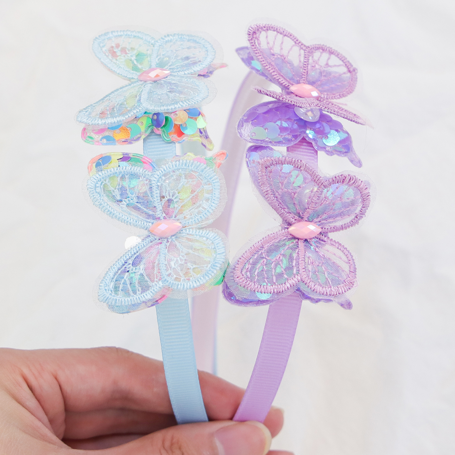 Niedliche Schmetterlings-Stirnbänder für Mädchen, 5 cm, doppelte Pailletten, Schmetterlings-Haarbänder, Kinder-Haarreifen, Kinder- und Mädchen-Haar-Accessoires – Detail 5