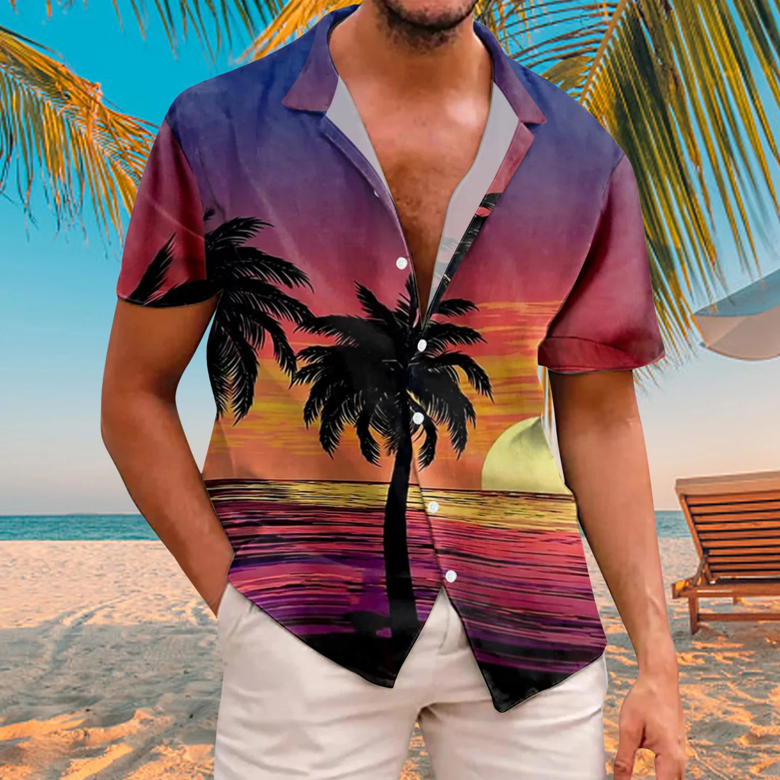 F_Gotal Shirts for Mens Hawaiian Printed Loose Short Sleeve Casual Buttons T-Shirt Summer Aloha Beach Shirts for Holiday 