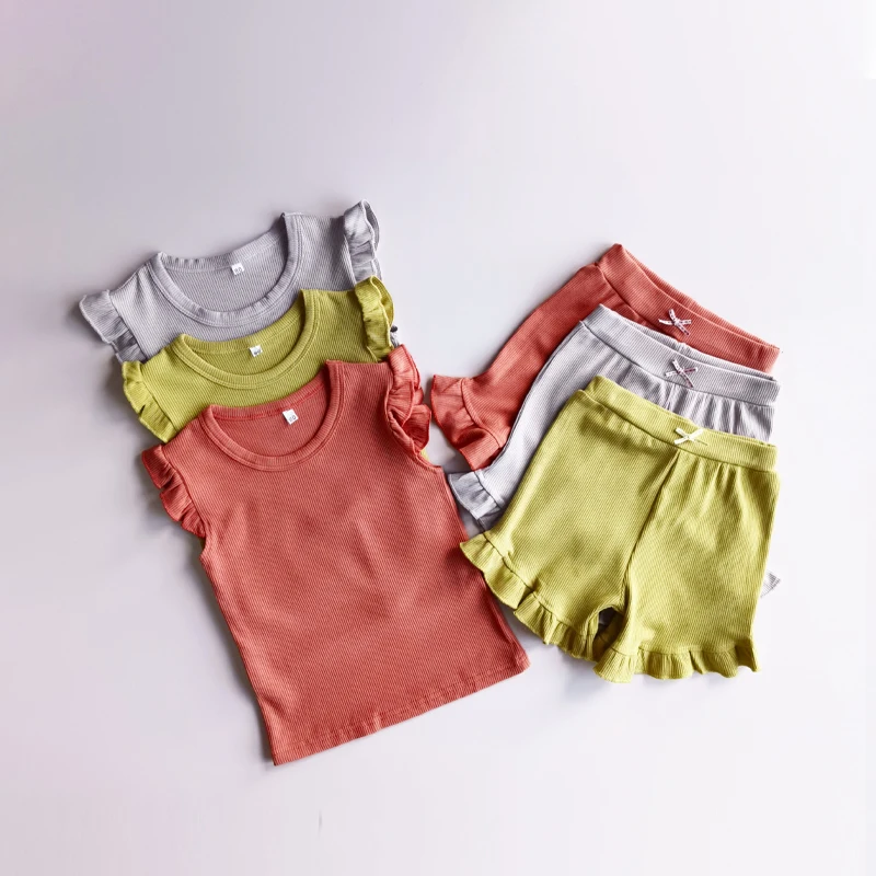 Girls Sleepwear Summer Ruffle Shorts T-shirt Sets 2pcs Solid Pajamas Suits for Kids Sleeping Clothing for Toddler Girl pajama sets button up	