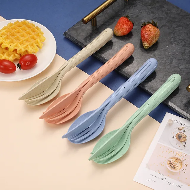 3pcs/set 3 in 1 Travel Portable Cutlery Set Japan Style Wheat Straw Knife  Fork Spoon Student Dinnerware Sets Kitchen Tableware