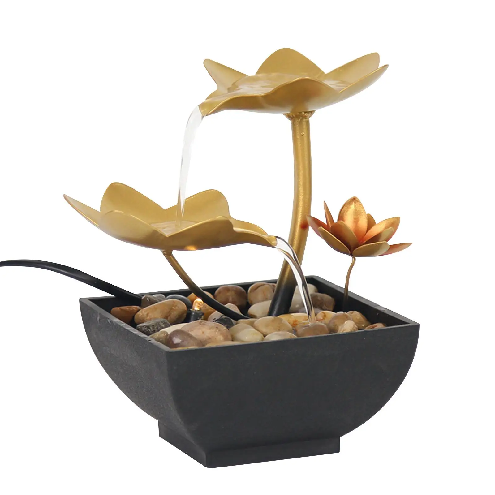 Mini Tabletop Fountain Water Fountain USB Lotus Indoor Outdoor Natural River Rocks Electric Table Fountain Waterfall Ornament
