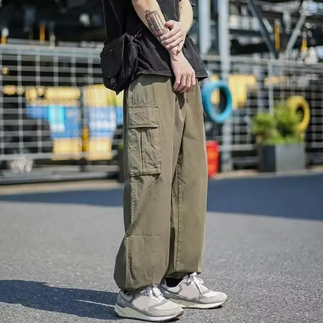 Men Cargo Pants Drawstring Ankle Tied Solid Color Elastic