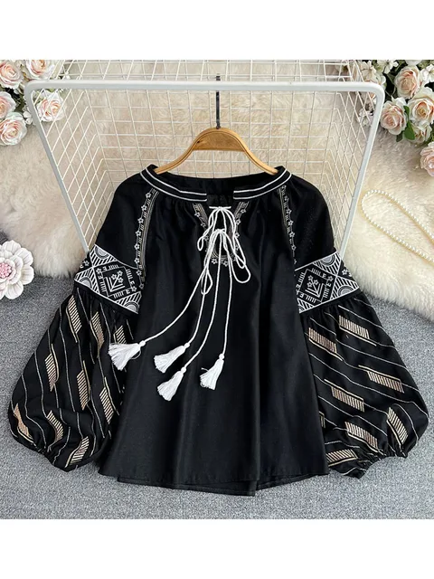 Women Spring Blouse 2023 Vintage Ethnic Style Lantern Long Sleeve 