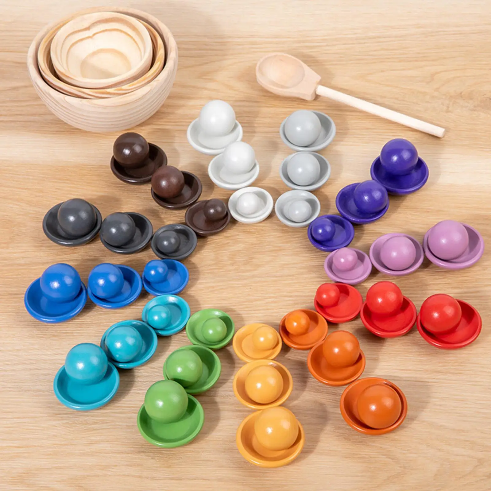 Montessori Wooden Rainbow Ball Matching Game Preschool Learning Toy with 36 Balls Early Education Toys for Age 1+ Xmas Gifts