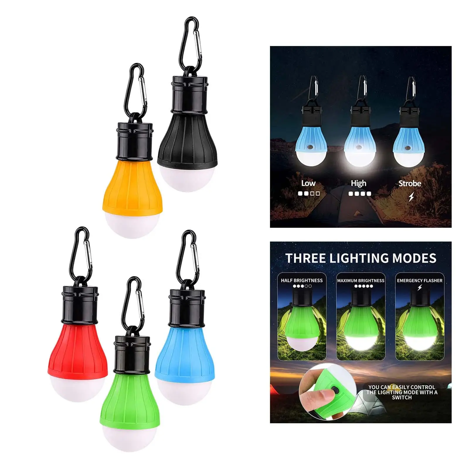5Pcs LED Camping Lantern Light Tent Lamp with Carabiner Clips Battery Powered Bulb Dimmable for Camping Mountaineering Household