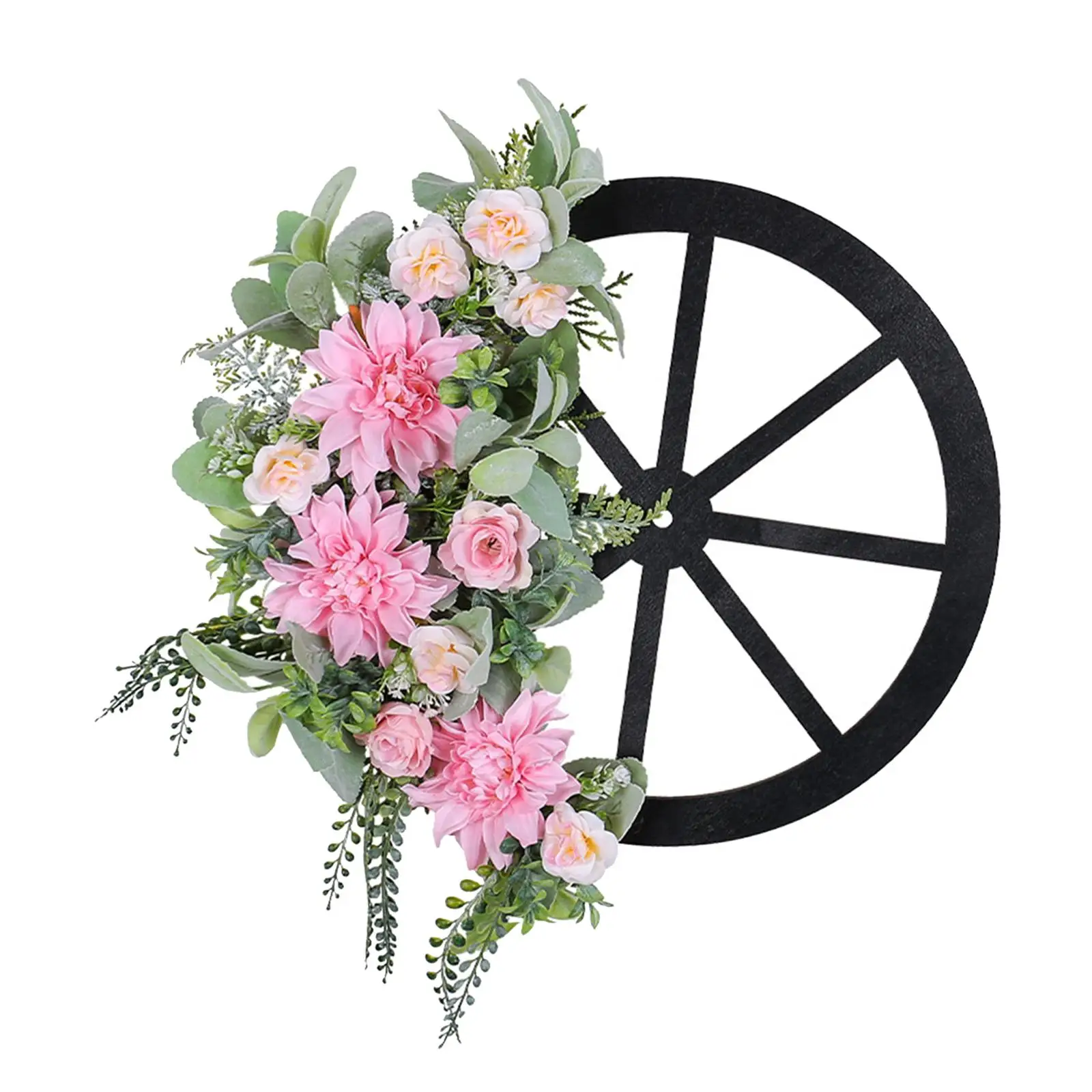 Spring Wreath Pink Artificial Flowers and Wheel Handmade for Home Door Decor