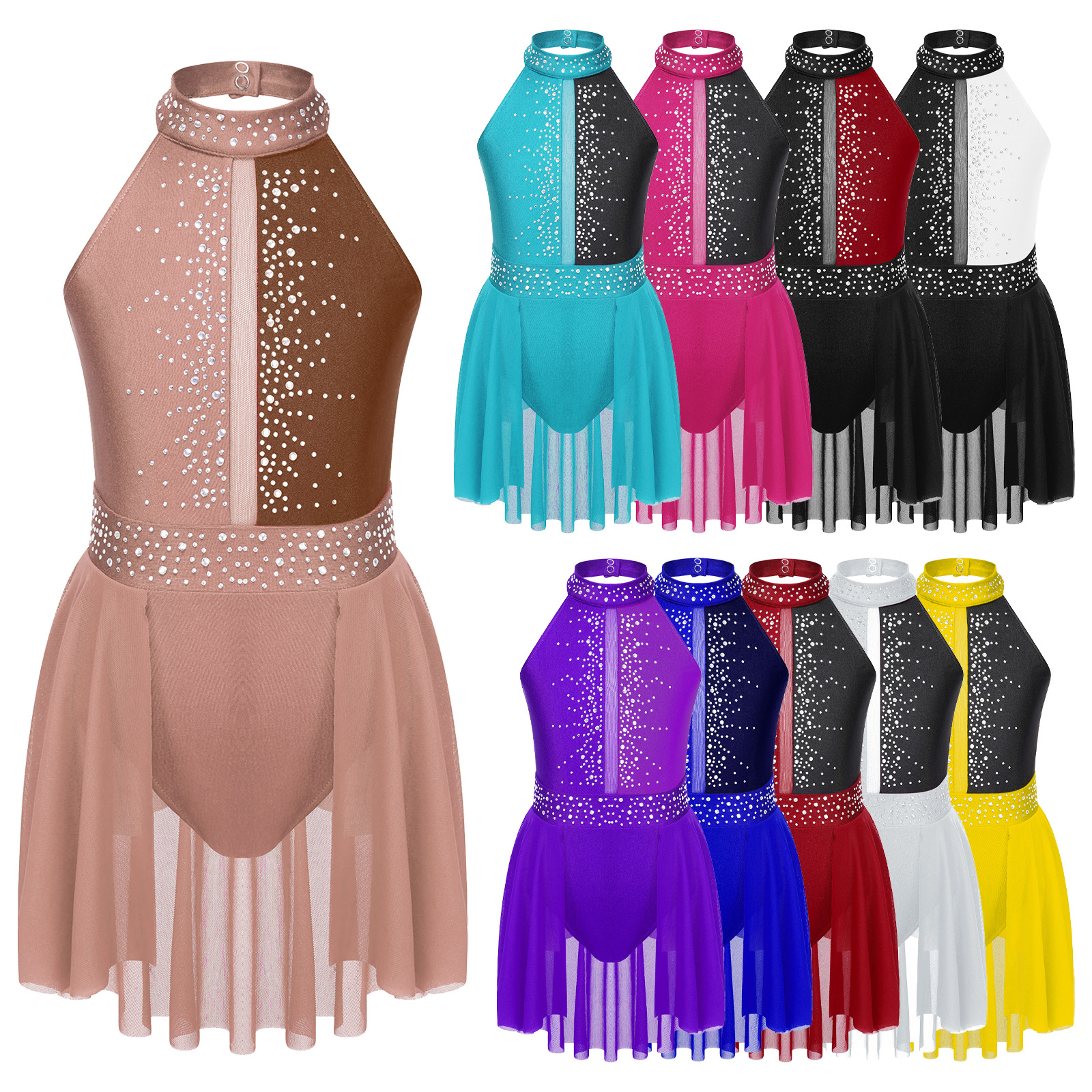 Lyrisches Tanzkleid für Kinder, Mädchen, Ballett, Eiskunstlauf, Gymnastik, Bühnenkostüm, ärmellos, glänzender Strass-Trikot – Detail 1