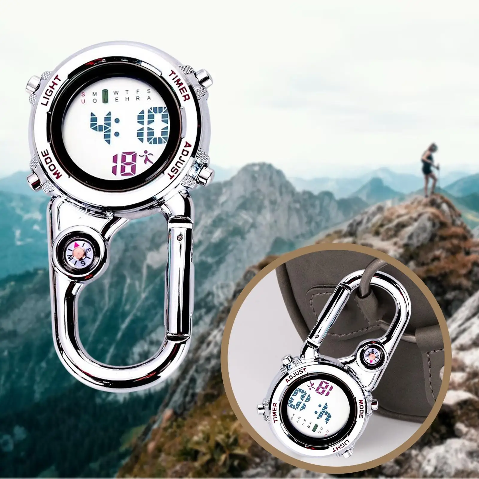 Carabiner Watch Backpack Watch White Dial with Alarm Clock Date Week for Outdoor Study Climbers